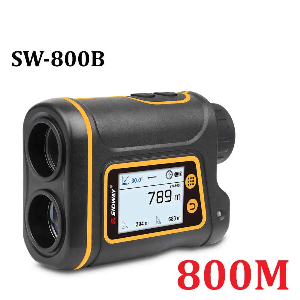 Black and yellow sw-800b handheld golf rangefinder with digital display showing distance measurements designed for outdoor handheld golf use up to 600 meters.