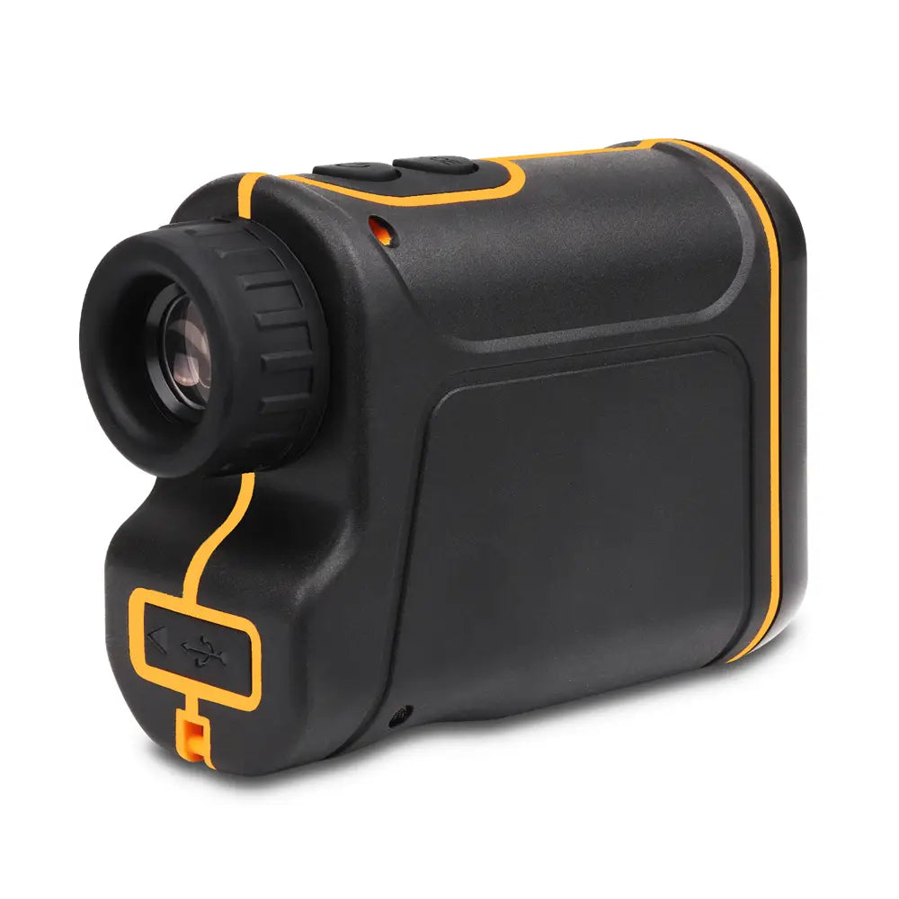 Outdoor handheld golf rangefinder with a black and yellow rubberized body, textured grip, and orange accent trim designed for distances up to 600 meters.