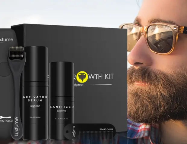 Luxume beard growth kit includes black cylindrical bottles labeled activator serum and sanitizer, a black derma roller, and a matching comb designed for beard growth and beard care using beard growth liquid.