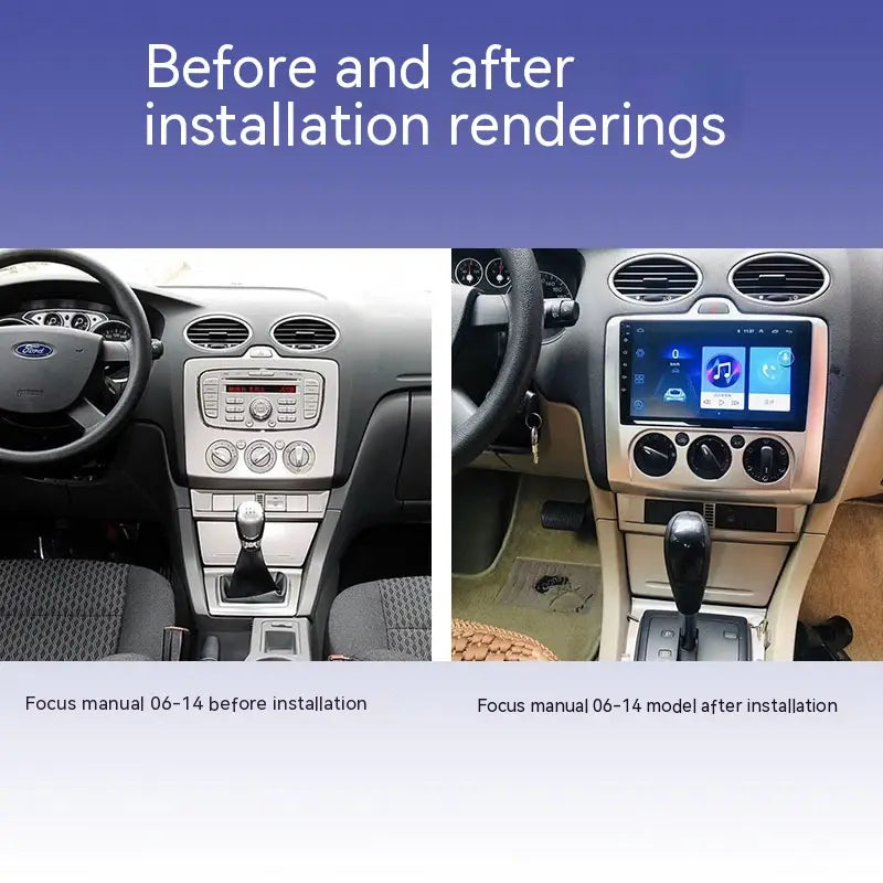The sleek modern touchscreen infotainment system with a silver bezel and black control knobs installed in the center console of a ford focus manual 06-14 model features wifi 4g carplay and a manual air conditioner android interface.