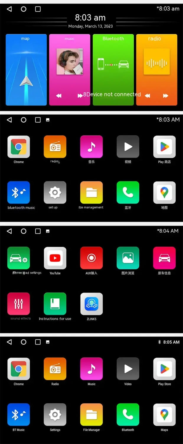 a smartphone screen displaying a colorful grid of app icons showcasing a manual air conditioner android wifi 4g carplay system for integrated in-car control and entertainment.