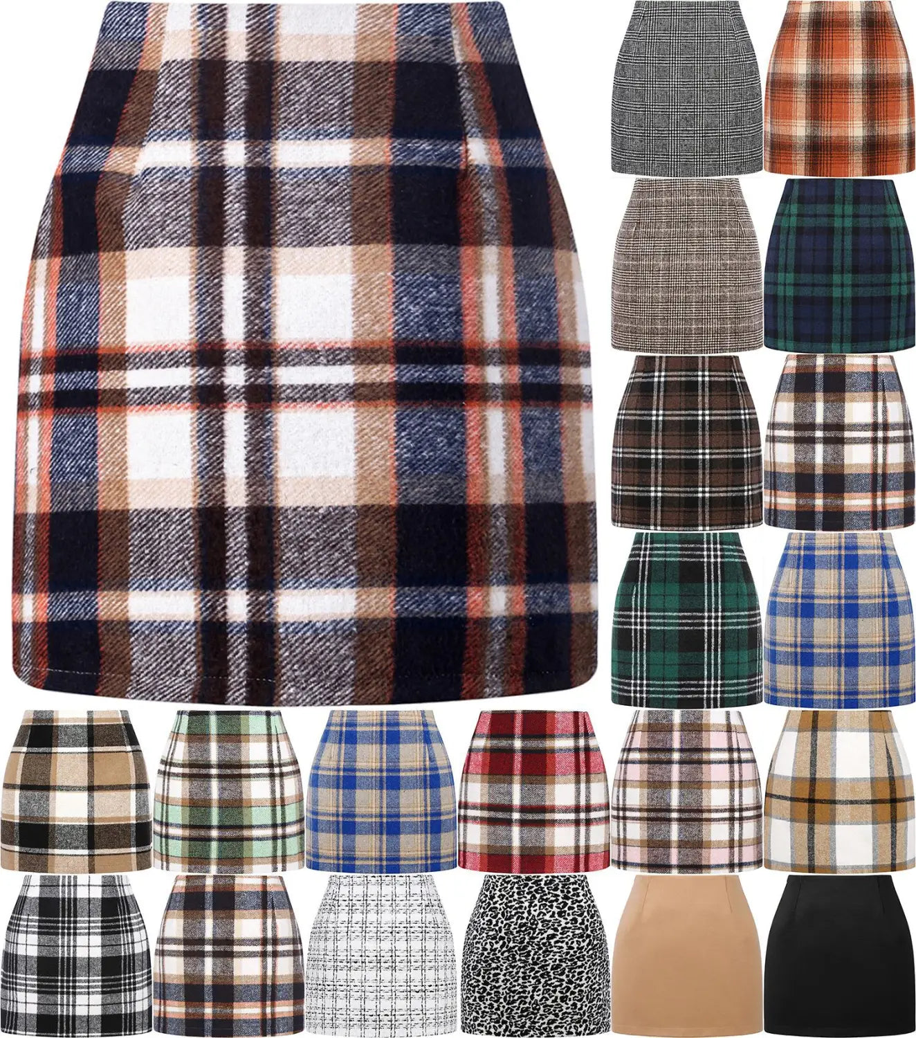 High waist plaid tight pencil wool mini skirt featuring a bold pattern of navy beige and white stripes.