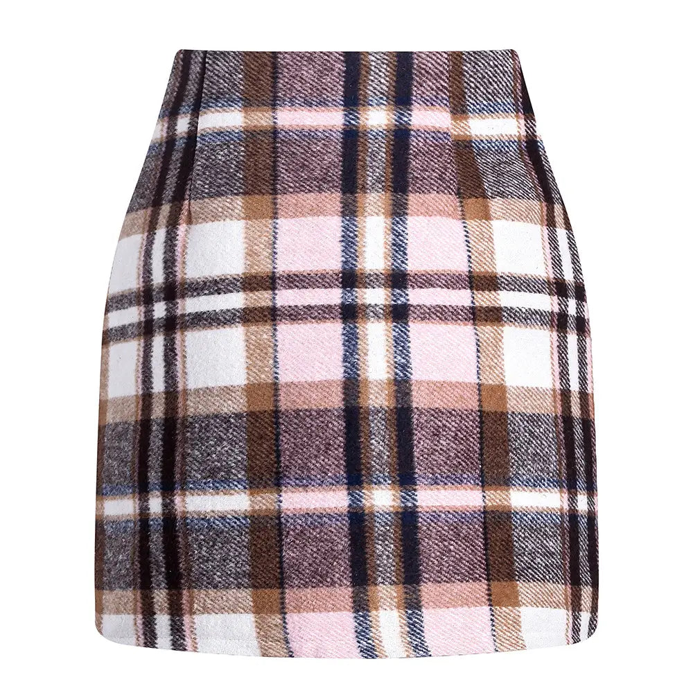 a cozy high waist plaid tight pencil wool mini skirt features a soft plaid pattern in pink brown white and navy blue with a high-waisted fit