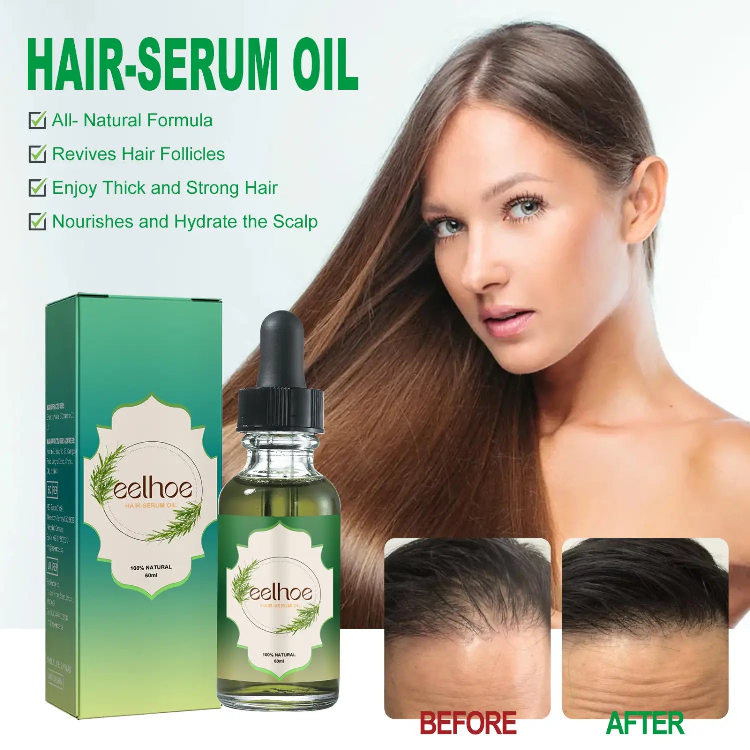 Green glass bottle of nourishing anti-hair loss hair care serum with black dropper cap and matching green packaging for nourishing anti-hair treatment