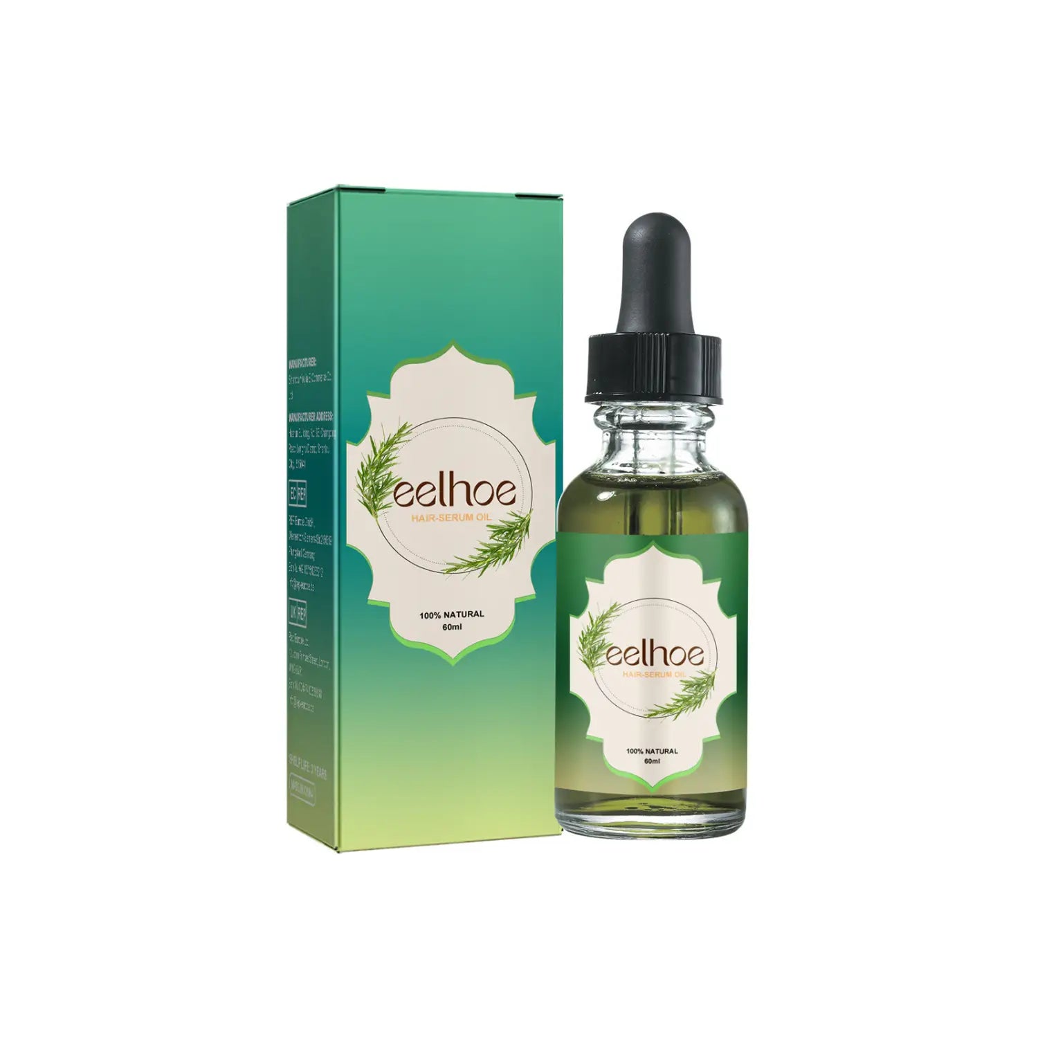 Green glass bottle with black dropper cap and white label featuring eelhoe brand and green leaf design containing 80ml of amber-colored nourishing anti-hair loss hair care serum.
