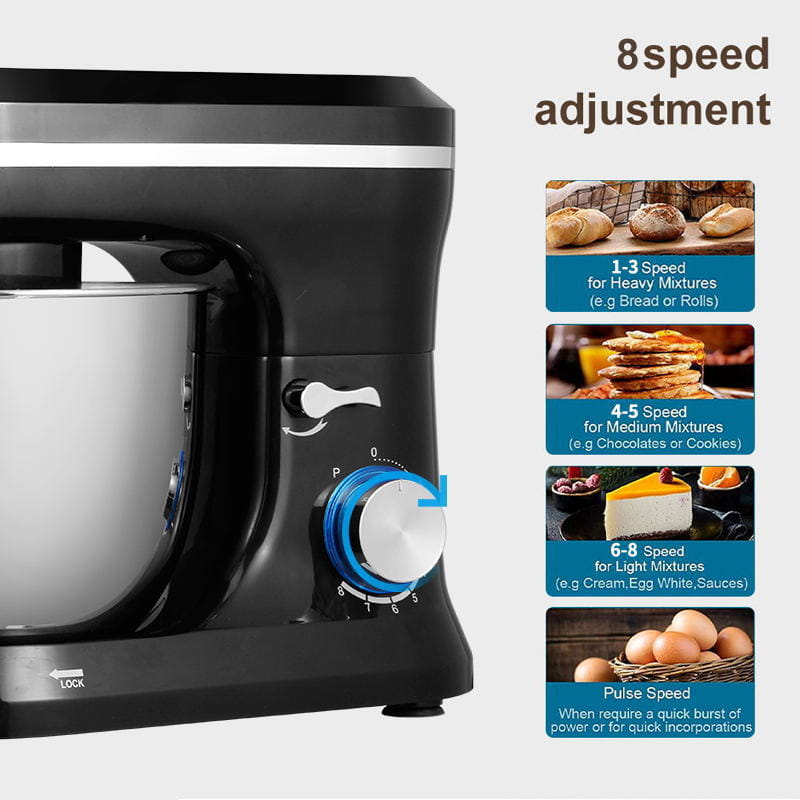 black stand mixer with stainless steel bowl and 8-speed adjustment dial designed as a cream blender and egg beater for versatile kitchen use