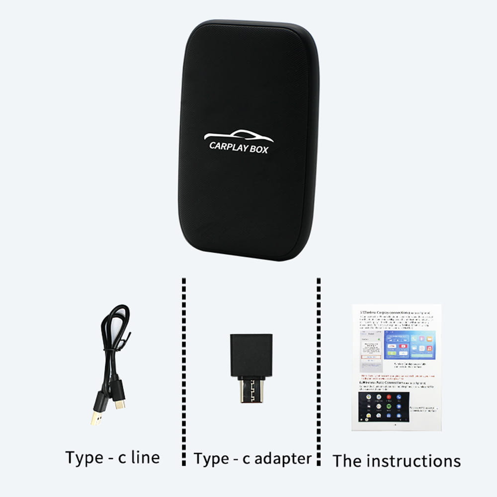 Black wireless carplay and android auto closed system box with a sleek rectangular design and white logo for original car integration.