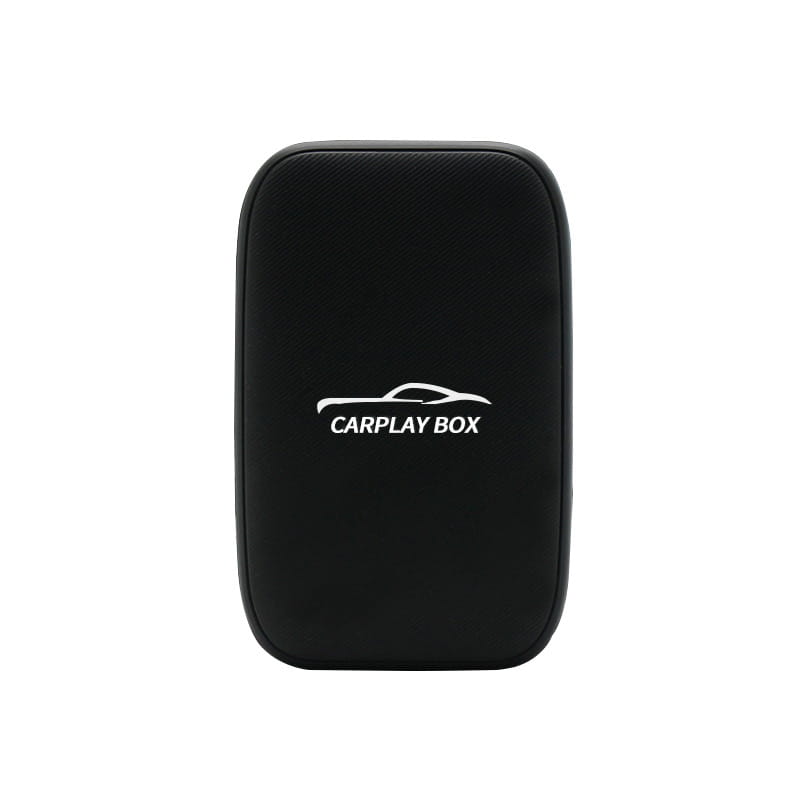 Black rectangular wireless carplay and android auto closed system box with a textured surface and white logo designed for original car integration.