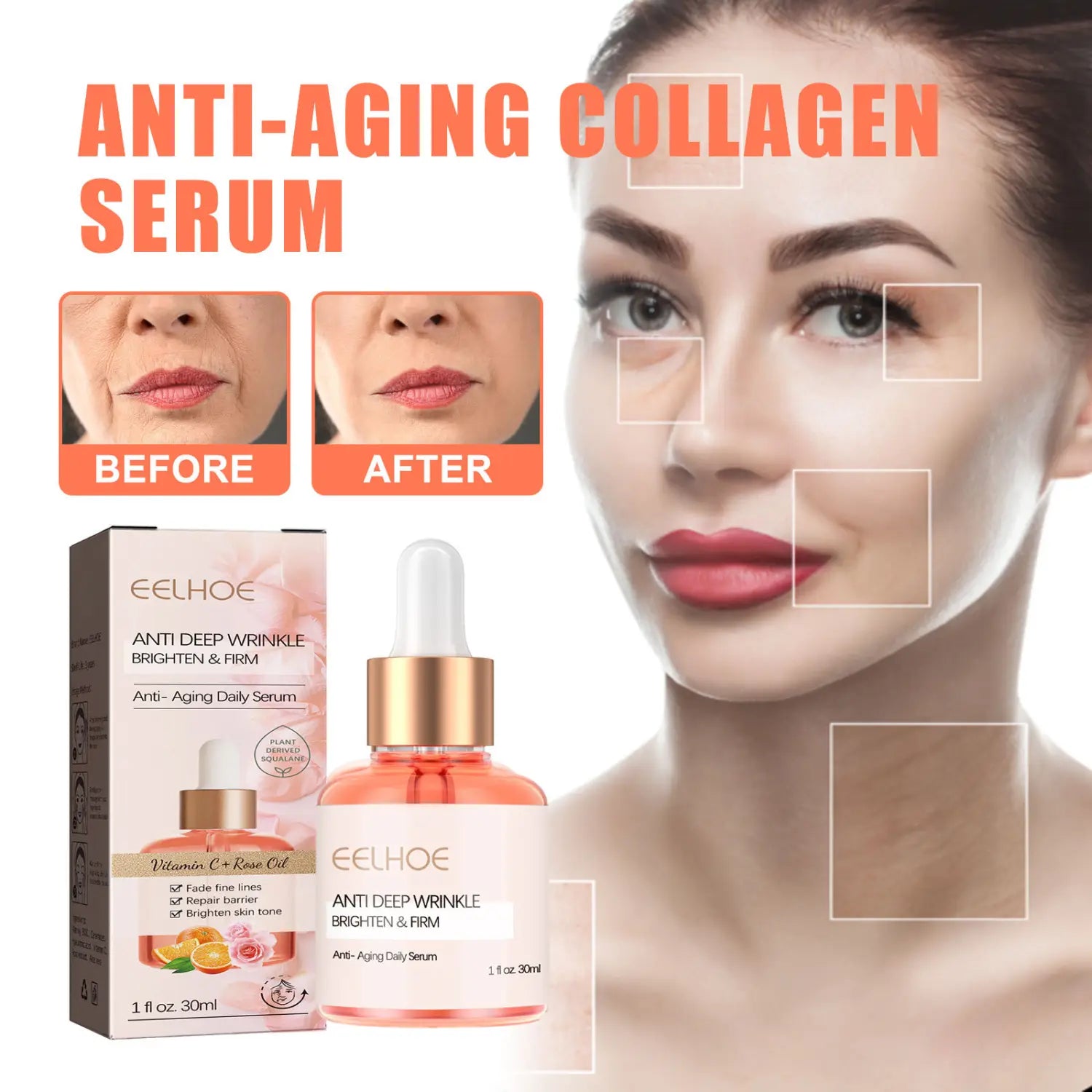 A clear glass bottle with a gold dropper cap and white label containing pinkish-orange rose oil vc anti-aging facial firming rich serum labeled eelhoe anti deep wrinkle brighten and firm anti-aging daily serum.