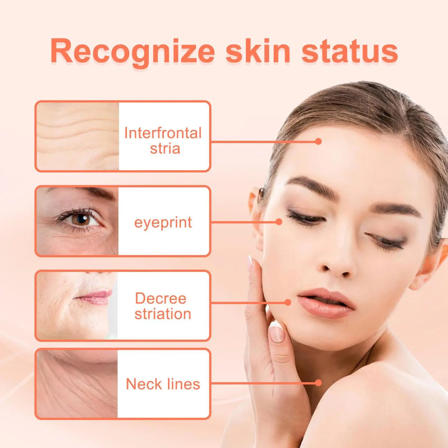 A woman with smooth fair skin gently touching her cheek in a skincare infographic highlighting facial features such as interfrontal striations and neck lines using rose oil VC anti-aging facial firming rich serum.