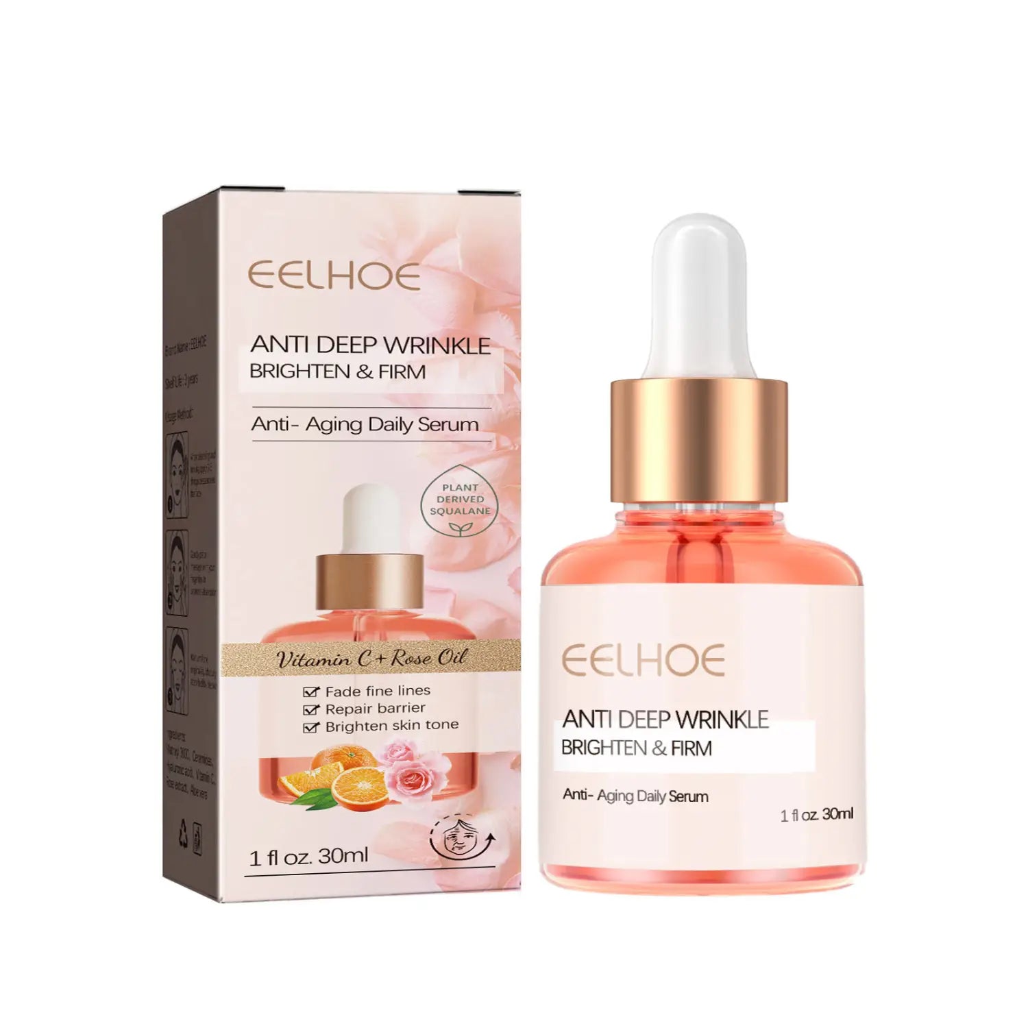 Eelhoe rose oil vc anti-aging facial firming serum in a clear glass bottle with a rose-gold dropper, white cap, and pink liquid.