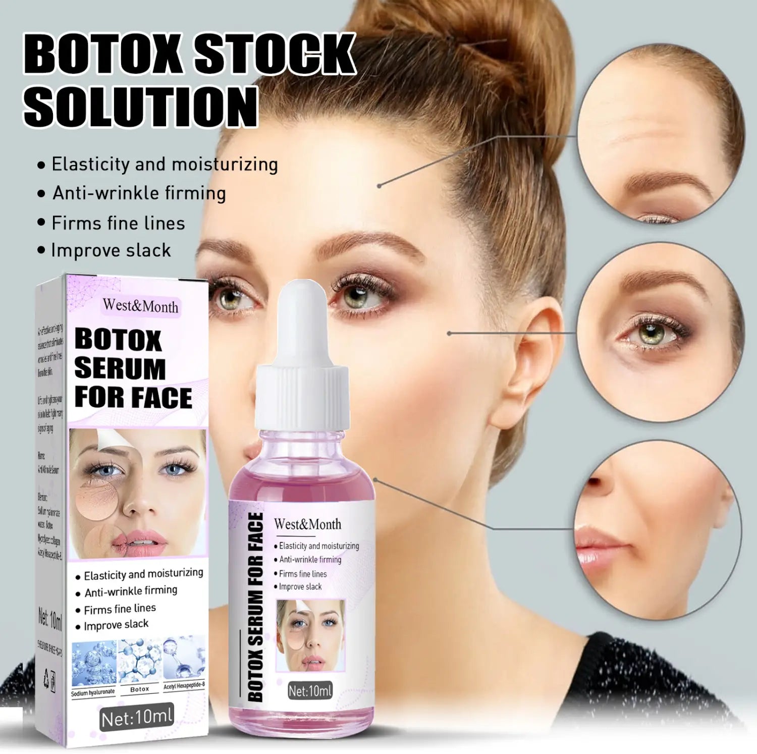 West and month botox serum for face in a clear glass bottle with a white dropper cap containing pink liquid designed as an anti-wrinkle skin care lifting solution.