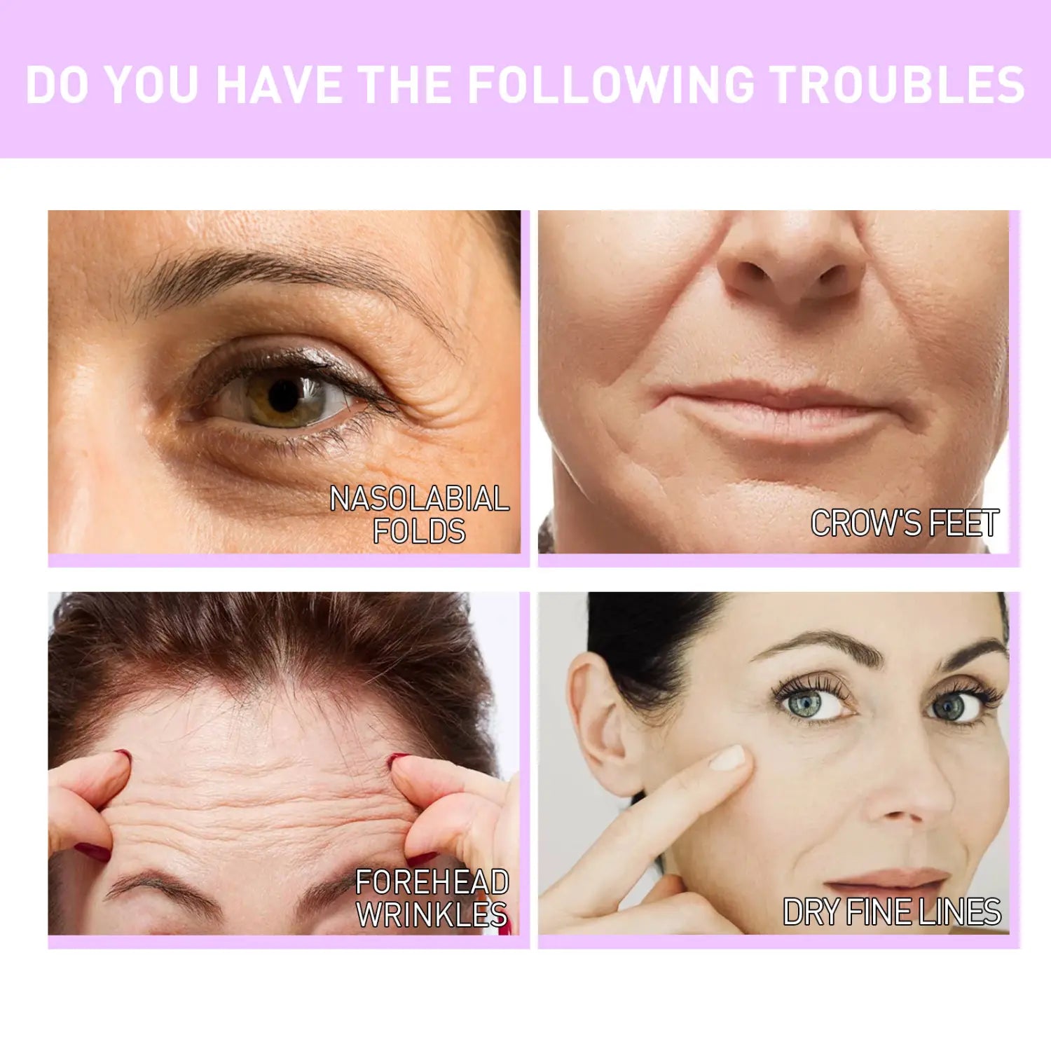 pink banner with white text showing common facial wrinkles including nasolabial folds, crow’s feet, forehead wrinkles, and dry fine lines above an anti-wrinkle skin care lifting solution promoting effective skin care lifting.