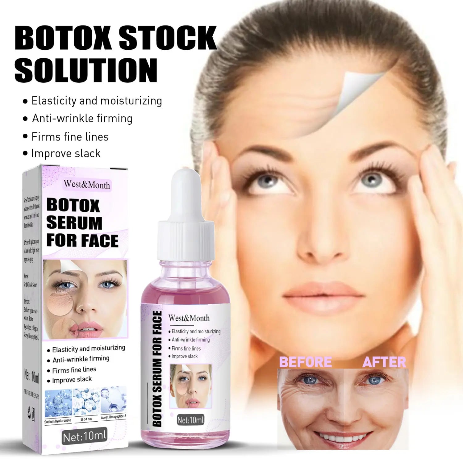 West and month botox serum for face in a clear glass bottle with white dropper cap containing pink liquid labeled net 10ml is an anti-wrinkle skin care lifting solution designed for skin care lifting.