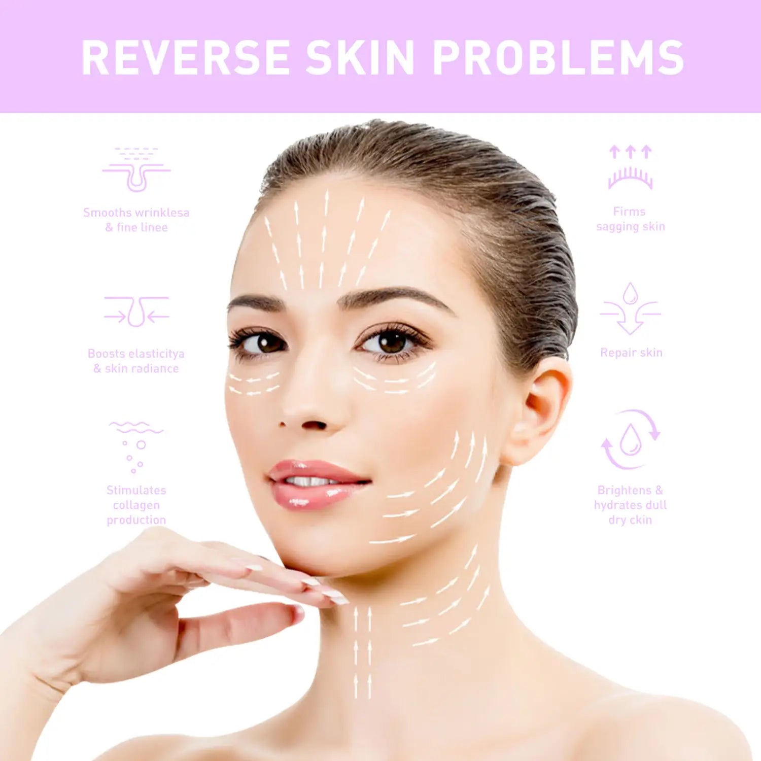 A woman with smooth radiant skin and neatly styled hair is featured in a promotional image for an anti-wrinkle skin care lifting solution designed for advanced skin care lifting.