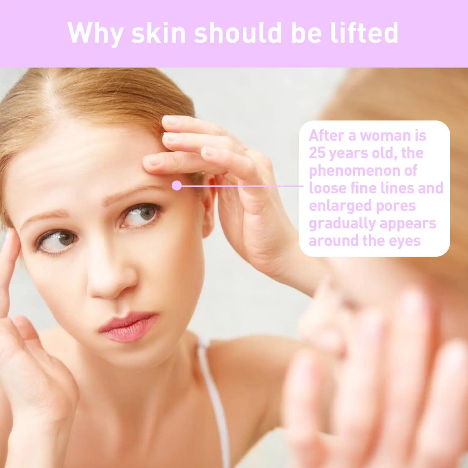 a woman with fair skin and light brown hair wearing a white tank top demonstrating the effects of an anti-wrinkle skin care lifting solution