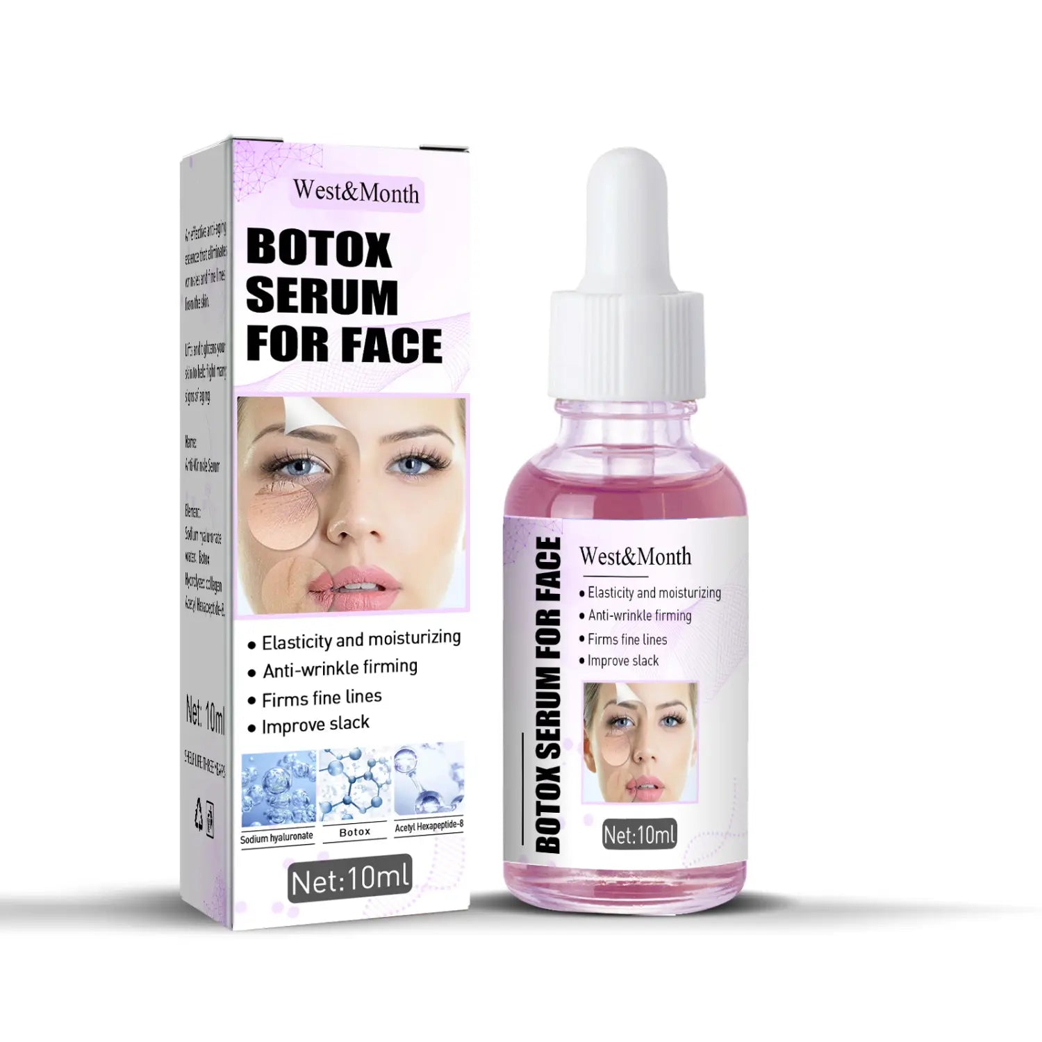 west&month botox serum for face in a clear glass bottle with a white dropper cap containing pink liquid labeled 10ml as an anti-wrinkle skin care lifting solution for care lifting and skin care.