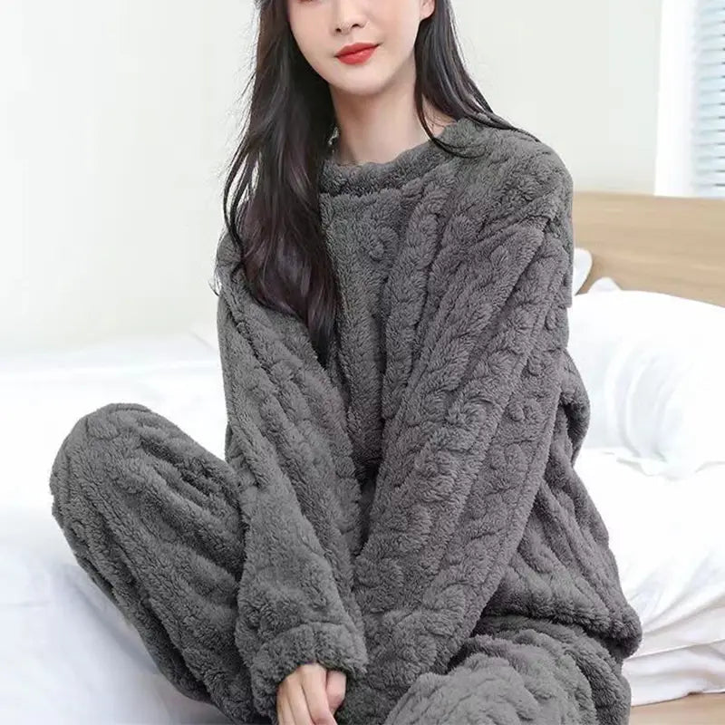 Gray plush knit winter pajamas sets featuring a cozy textured cable-knit hemp pattern made of thickened coral velvet for added warmth and comfort.