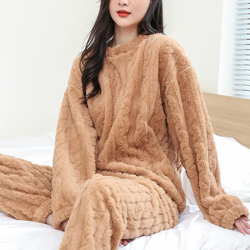 Cozy tan fleece pajama set with a textured cable-knit hemp pattern designed for thickened coral velvet winter pajamas sets.