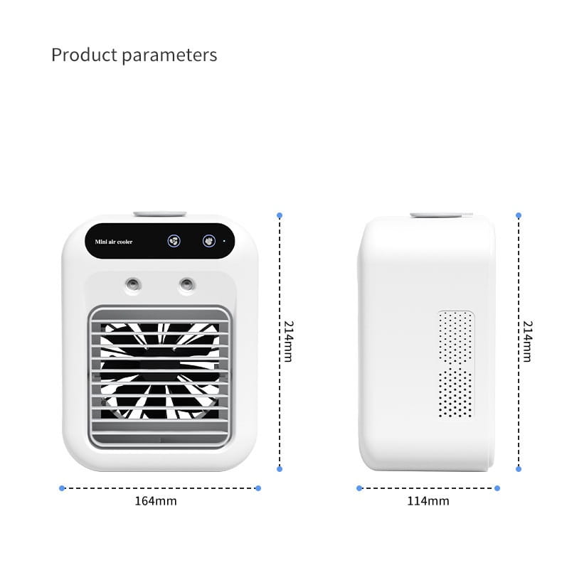 White portable air conditioner mini cooler fan with a sleek rectangular design featuring a white body and black control panel and grille.