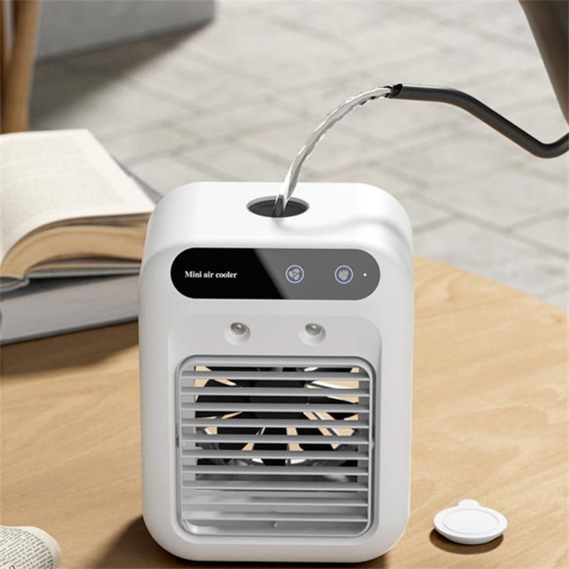 white portable air conditioner mini cooler fan made of plastic featuring a digital display, control buttons, and a front grille for airflow