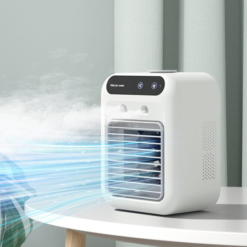 White portable air conditioner mini cooler fan with a sleek rectangular design, white compact body, black control panel, and front grille for airflow as a portable air cooler.