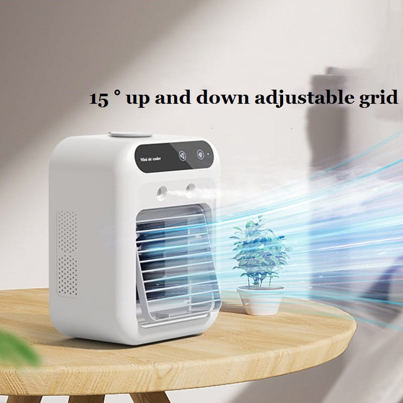 White portable air conditioner mini cooler fan with a sleek plastic body, 15 degree up and down adjustable grid, and digital control panel.