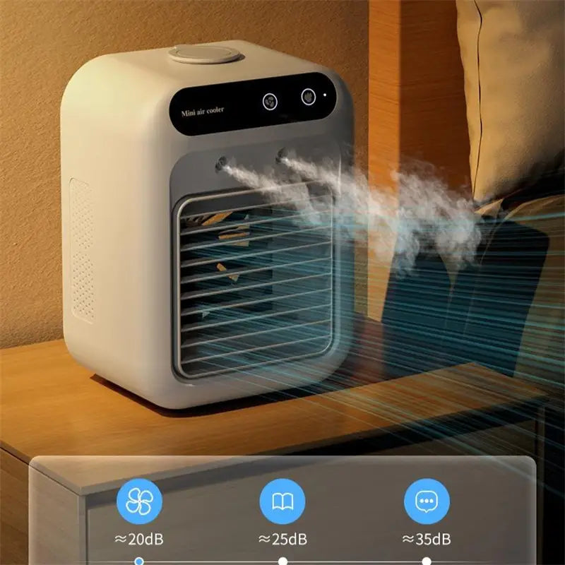 White and gray portable air conditioner mini cooler fan with a sleek modern design featuring a digital display panel on top.