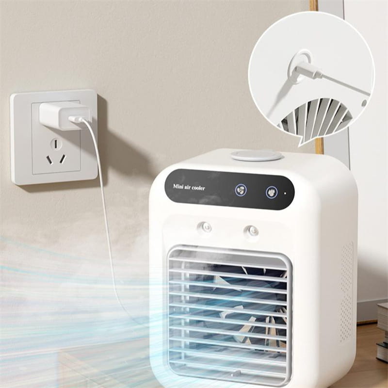 White portable air conditioner mini cooler fan with a sleek rectangular design and black control panel featuring illuminated icons.