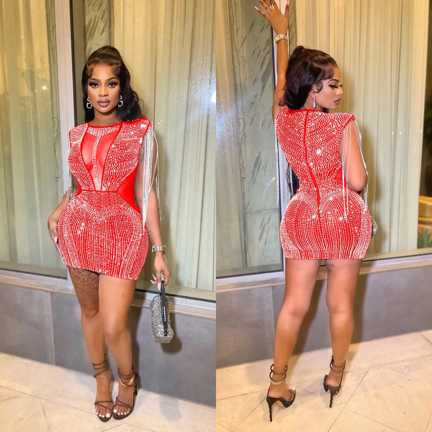 A sparkling red rhinestone mesh hot drilling mini dress featuring a sheer mesh panel and sequined detailing.