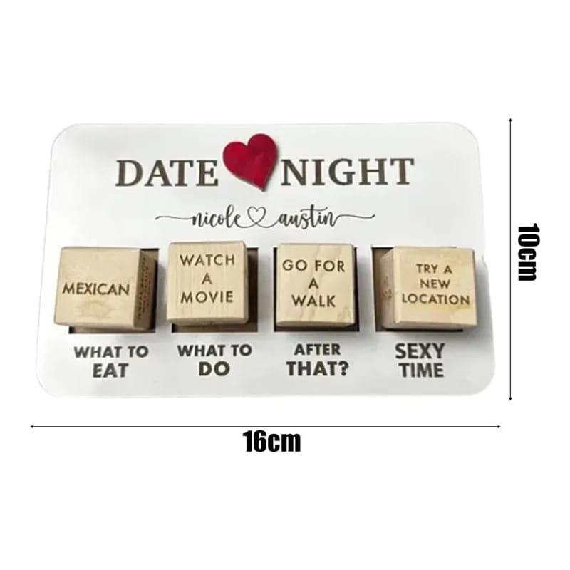 white date night game board with four light wood cubes featuring engraved date ideas and a red heart accent for a wooden date night dice game board