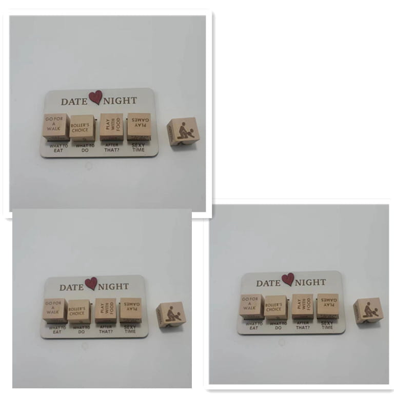 a wooden date night dice game board featuring engraved wooden cubes with date night ideas like go for a walk and sexy time set on a light-colored wooden base.