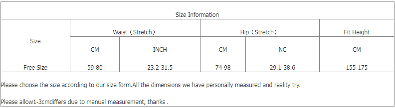 Size information chart for plus size fake translucent fleece lined tights displaying measurements in centimeters and inches across waist, hip, and fit height categories.