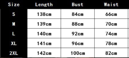 The image displays a size chart in centimeters for the red satin large swing split sleeveless gown, featuring backless large swing style measurements from sizes S through 2XL.