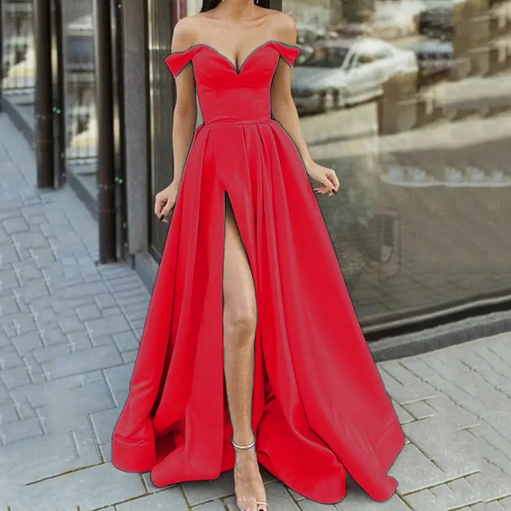 a vibrant red satin off-the-shoulder backless large swing gown with a high slit and flowing skirt featuring a swing split sleeveless design