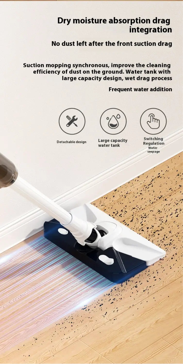 White and blue floor mop with detachable design and large capacity water tank featured alongside a white wireless rechargeable vacuum cleaner highlighting its cordless convenience and powerful cleaning capabilities.