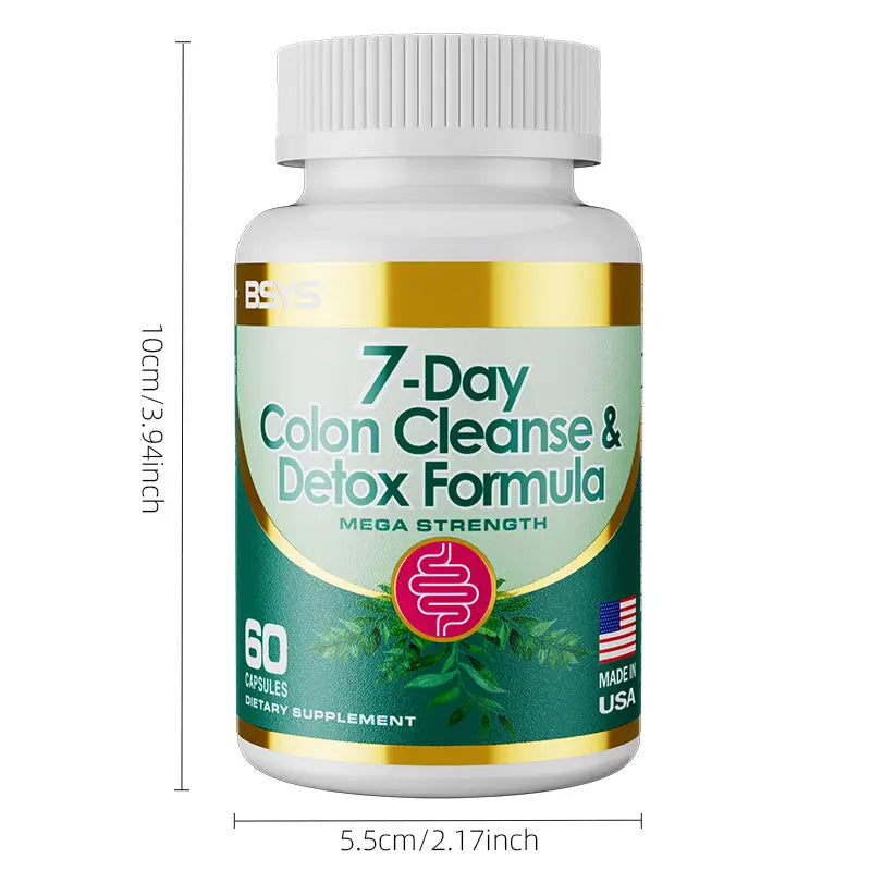 white plastic bottle with green and gold label of bons 7 day colon cleanse and detox formula capsules containing 60 detox formula capsules for effective colon cleanse and detox formula use