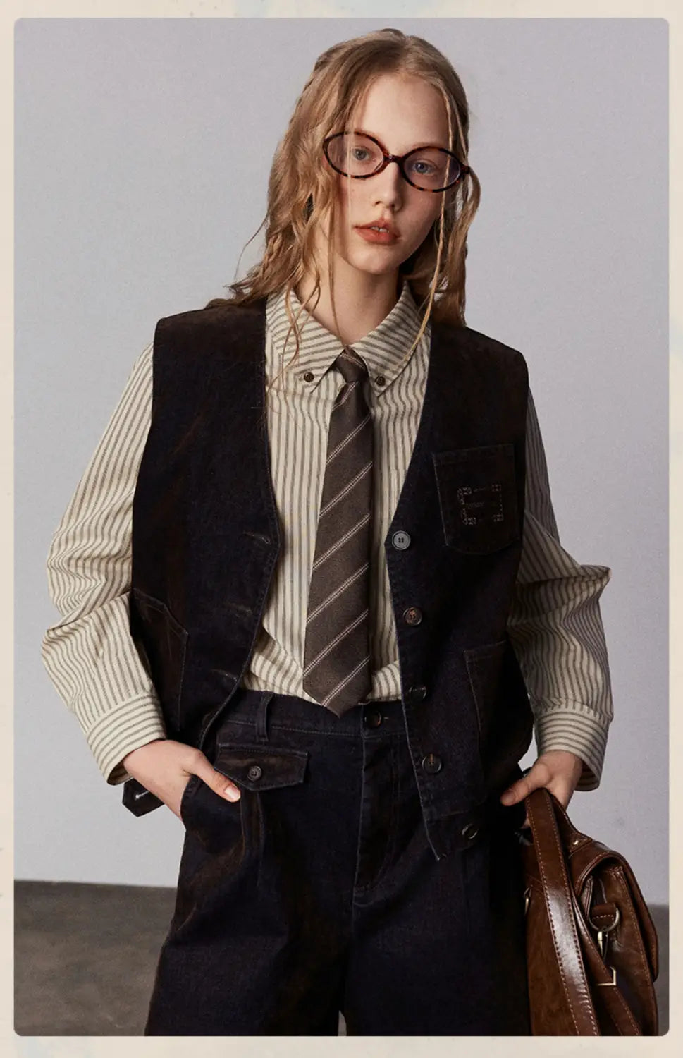 dark brown corduroy vest with button closures and front patch pocket paired with american retro casual striped cotton shirt, exemplifying retro casual fashion and casual fashion classic style.