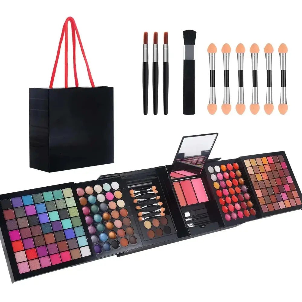 Black multi-compartment 177 color eyeshadow powder professional makeup kit with vibrant eyeshadow powder and blush pans
