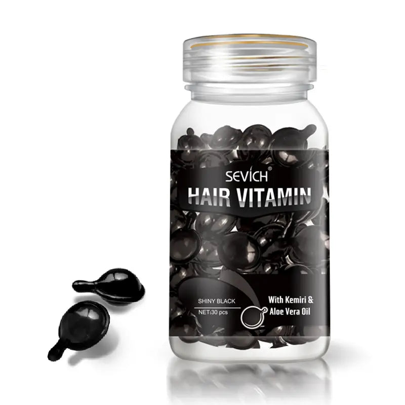 Sevich hair care capsules are shiny black gel-filled ampoules in a clear glass bottle with a gold-toned cap designed for multicolor hair care capsules offering diverse benefits.