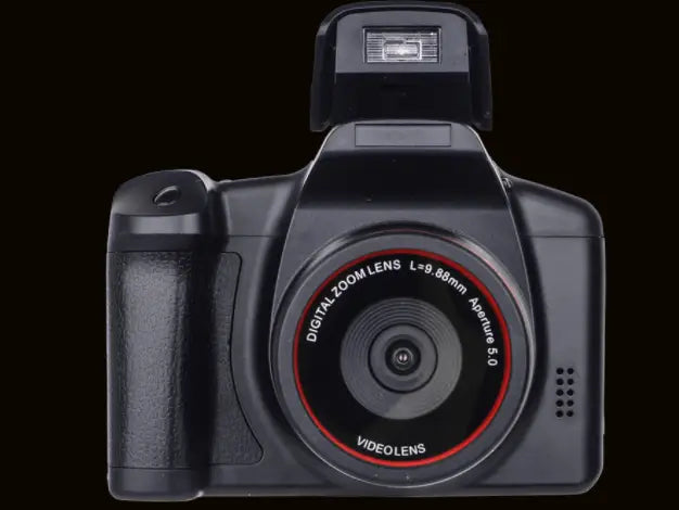 Black digital camera royale essence lux with red-accented lens ring and videolens branding showcasing advanced zoom factor for professional photography.