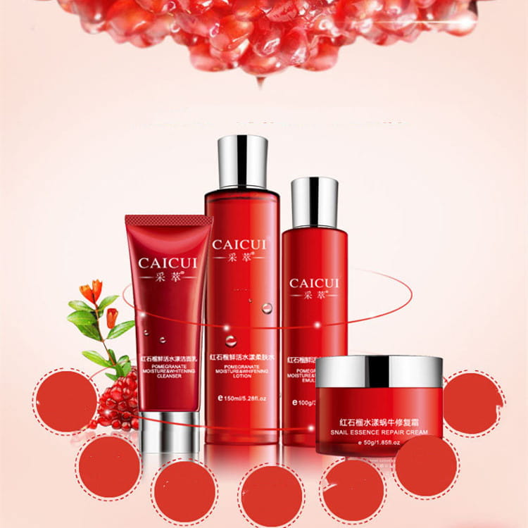 Red caicui pomegranate set moisturizing cosmetics skin care featuring glossy red bottles and tubes with silver caps designed for moisturizing skincare use.