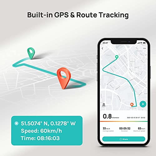 Smartphone displaying a gps navigation app with route tracking and real-time speed data paired with the a500s dash cam featuring built-in gps for enhanced driving safety.