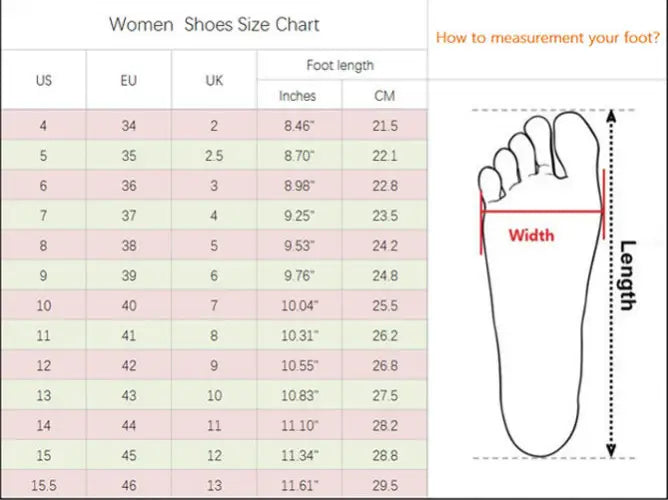 Women’s shoe size chart with us eu and uk sizes alongside foot length and width diagrams for tan suede lace up platform high heels 15cm stilettos.