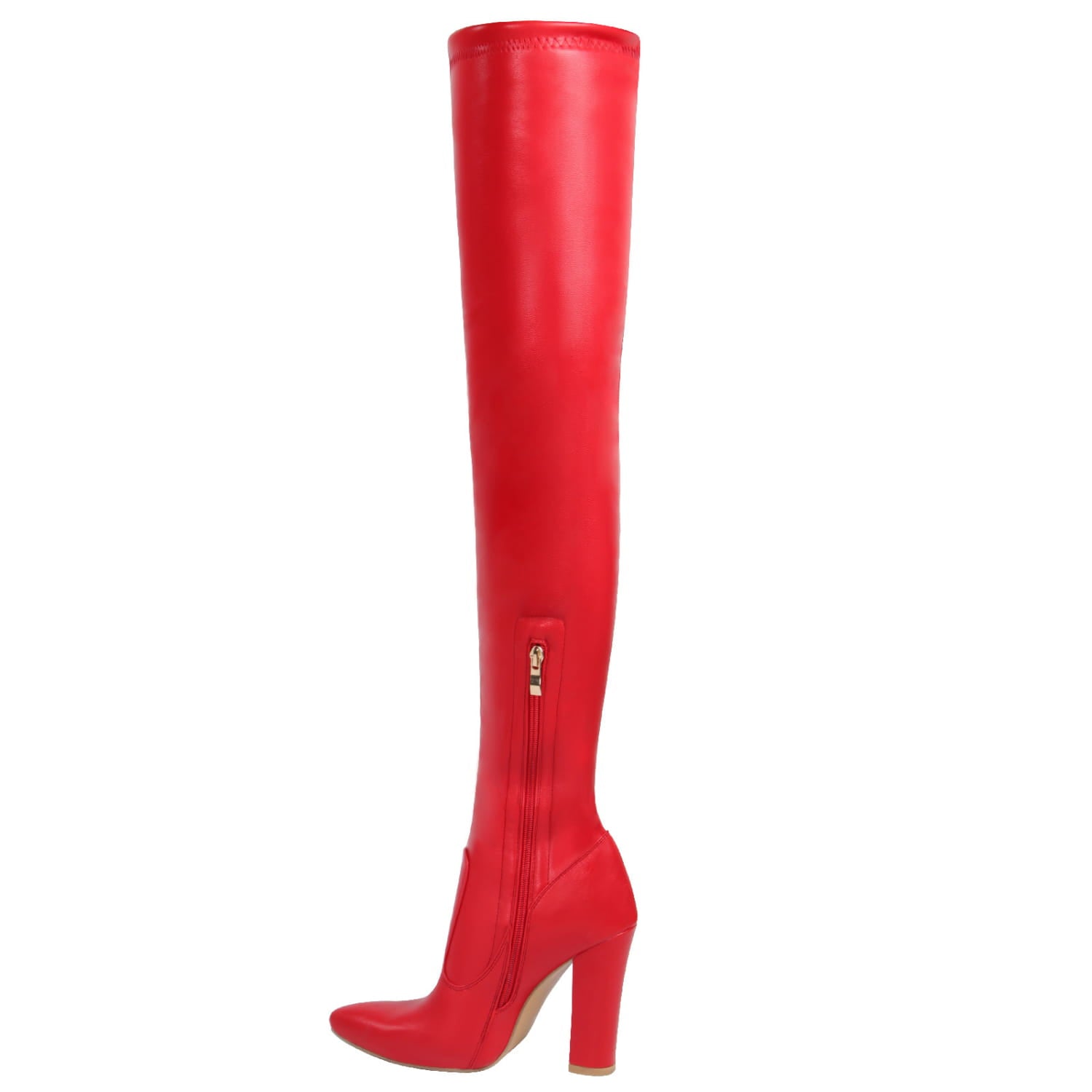 Red glossy pointed high heel over-the-knee boots with a vibrant red solid color and chunky heel perfect for winter newsolid color style.