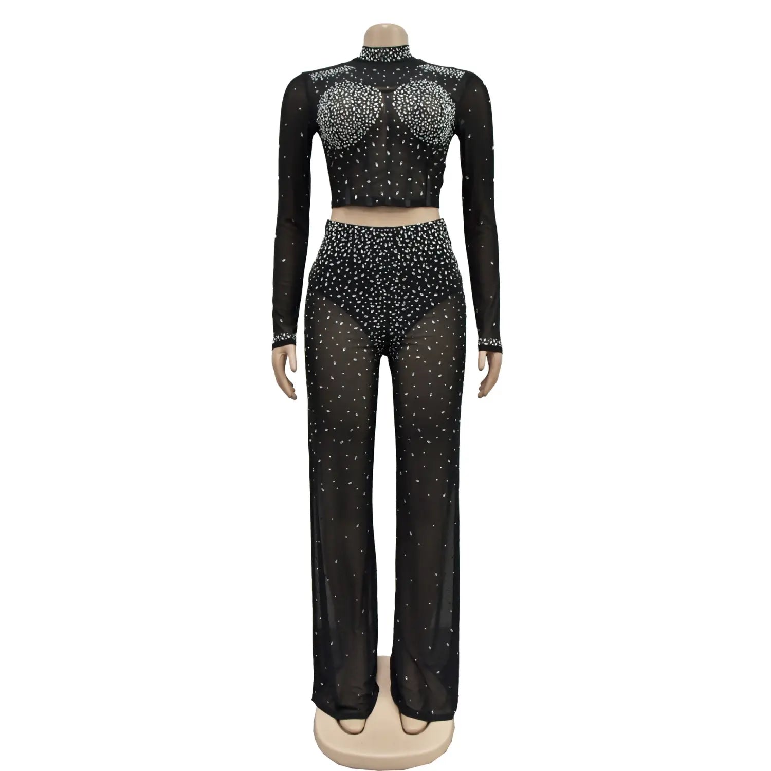 black sheer two-piece dance outfit in pure color mesh with sparkling silver color mesh rhinestone embellishments on the top and pants