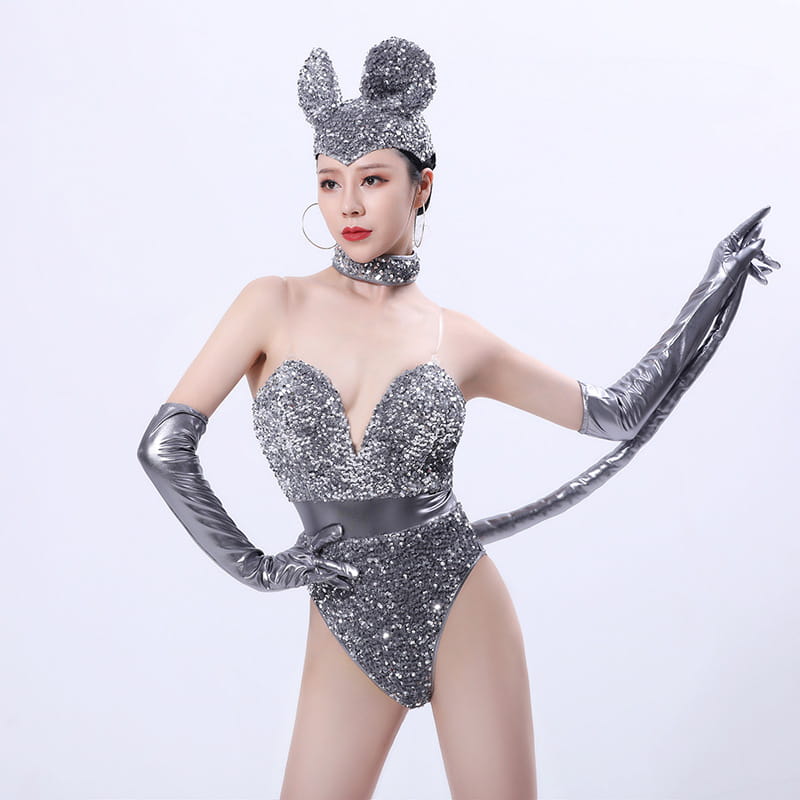 silver sequined mouse bar costume featuring a shiny silver sequined cat-themed design with long metallic gloves and a matching headpiece suitable for costumes sequined and bar costumes.