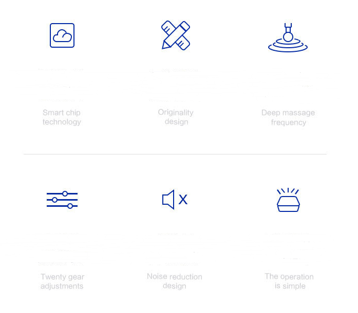 blue line-art icons illustrating smart chip technology original design and deep massage frequency features of the ergonomic white and black massage stick hammer highlighting its advanced massage head functionality.