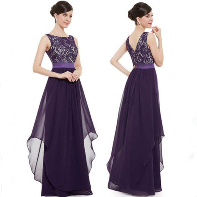 Elegant purple evening gown featuring a lace spliced chiffon bodice with a flowing chiffon skirt in a lace spliced chiffon dress design.