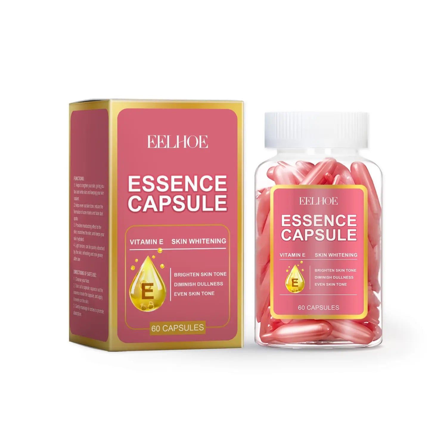 facial anti aging capsules packaged in a pink and gold box with a transparent bottle containing 60 translucent anti aging capsules.